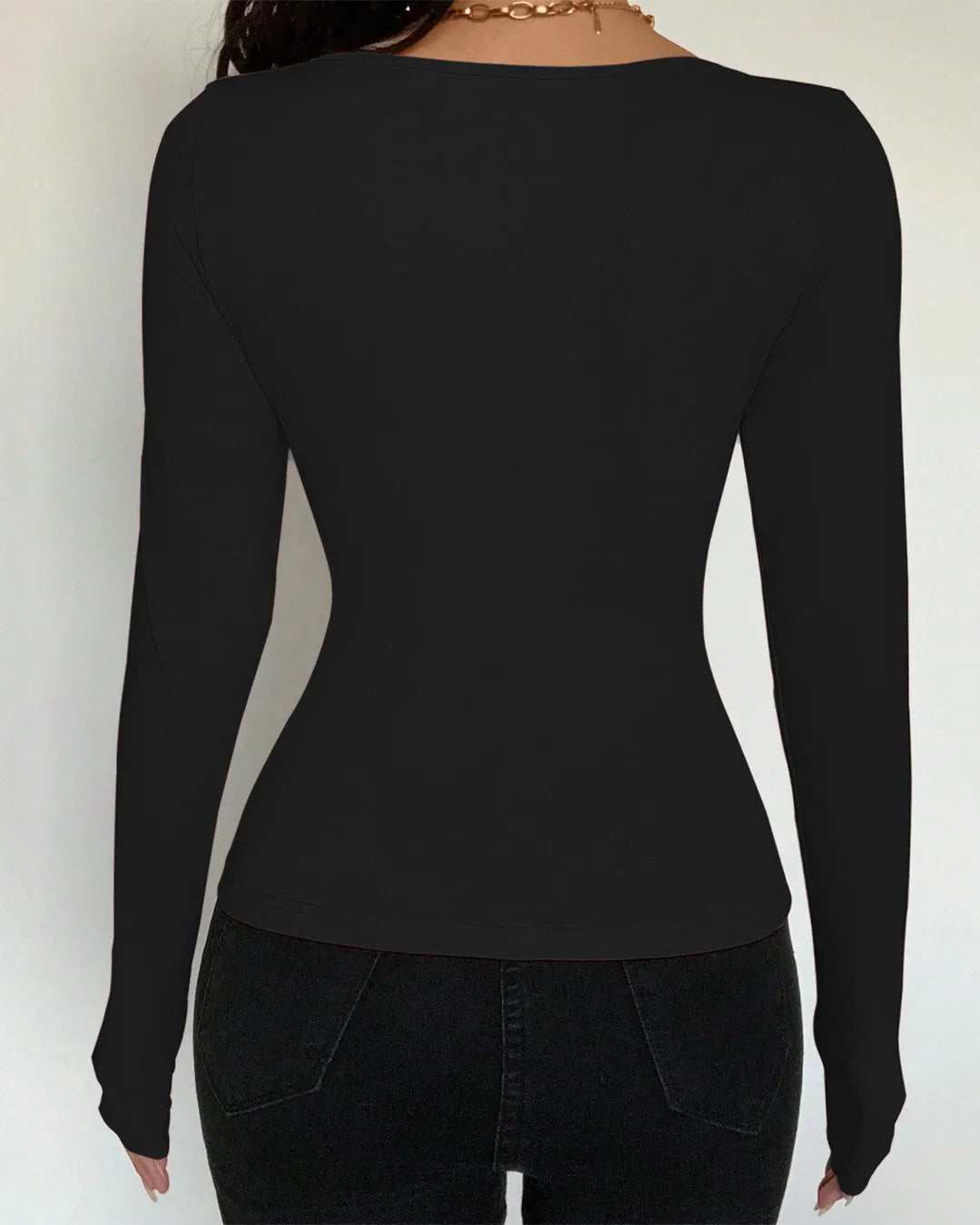 Scoop Neck Slim Fit Solid Full Sleeve Top in Black