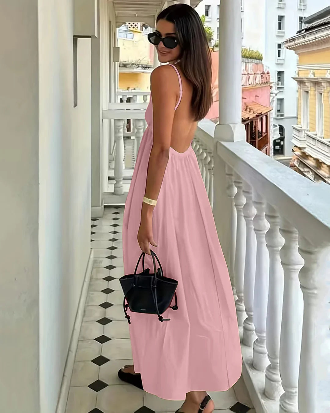 Solid Color Backless Spaghetti Strap Sleeveless Dress in Powder Pink