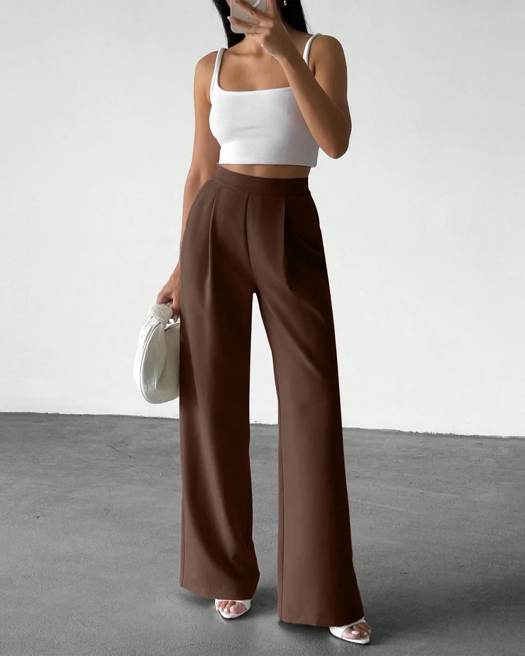 High-Waist Pleated Pocket Wide-Leg Casual Trousers in Rust