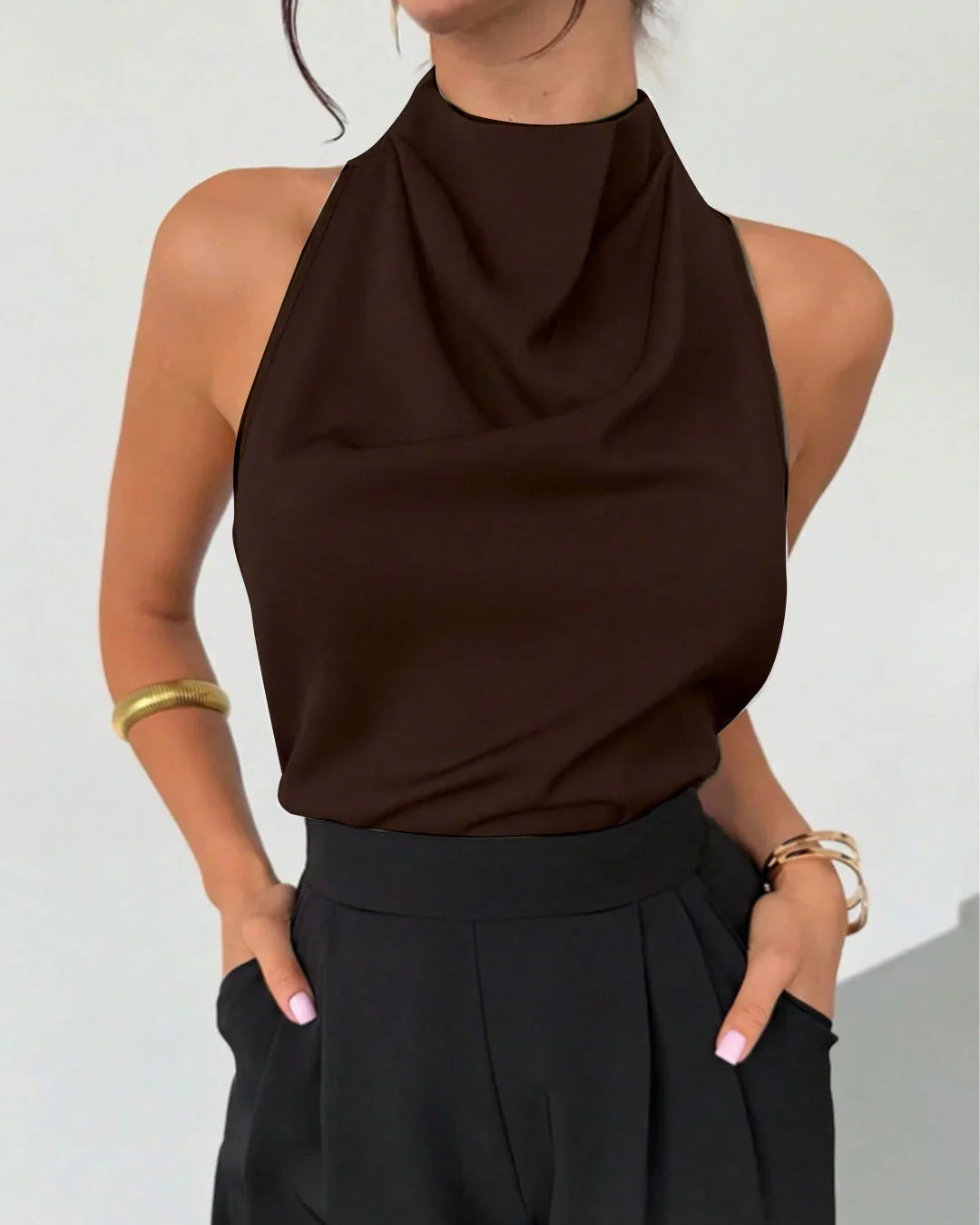 Satin Halter Neck Backless Tie Top in Coffee
