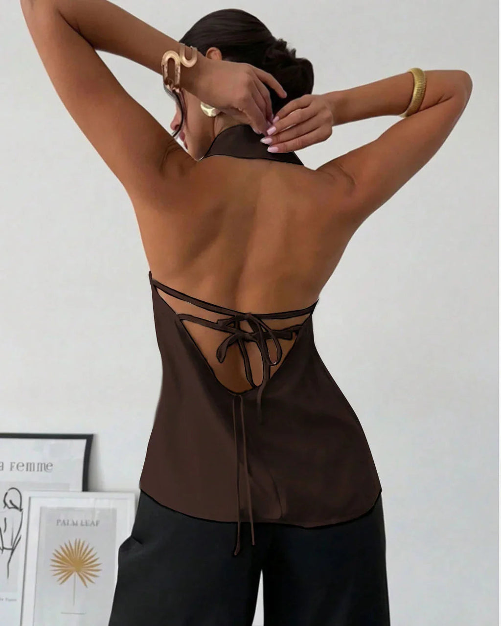 Satin Halter Neck Backless Tie Top in Coffee