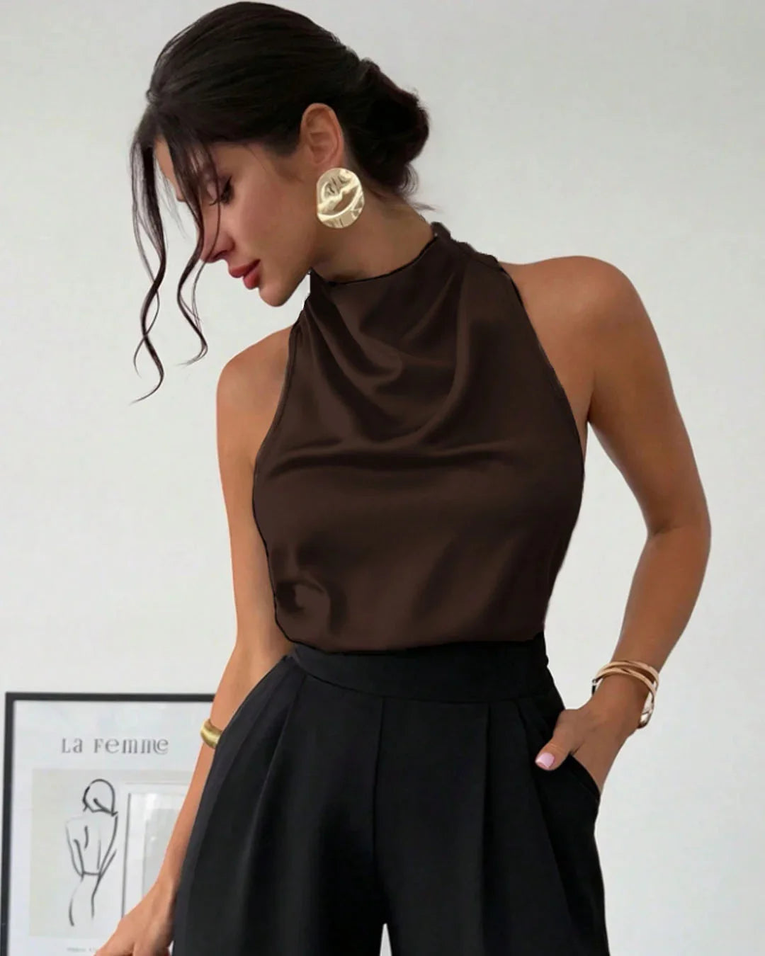 Satin Halter Neck Backless Tie Top in Coffee