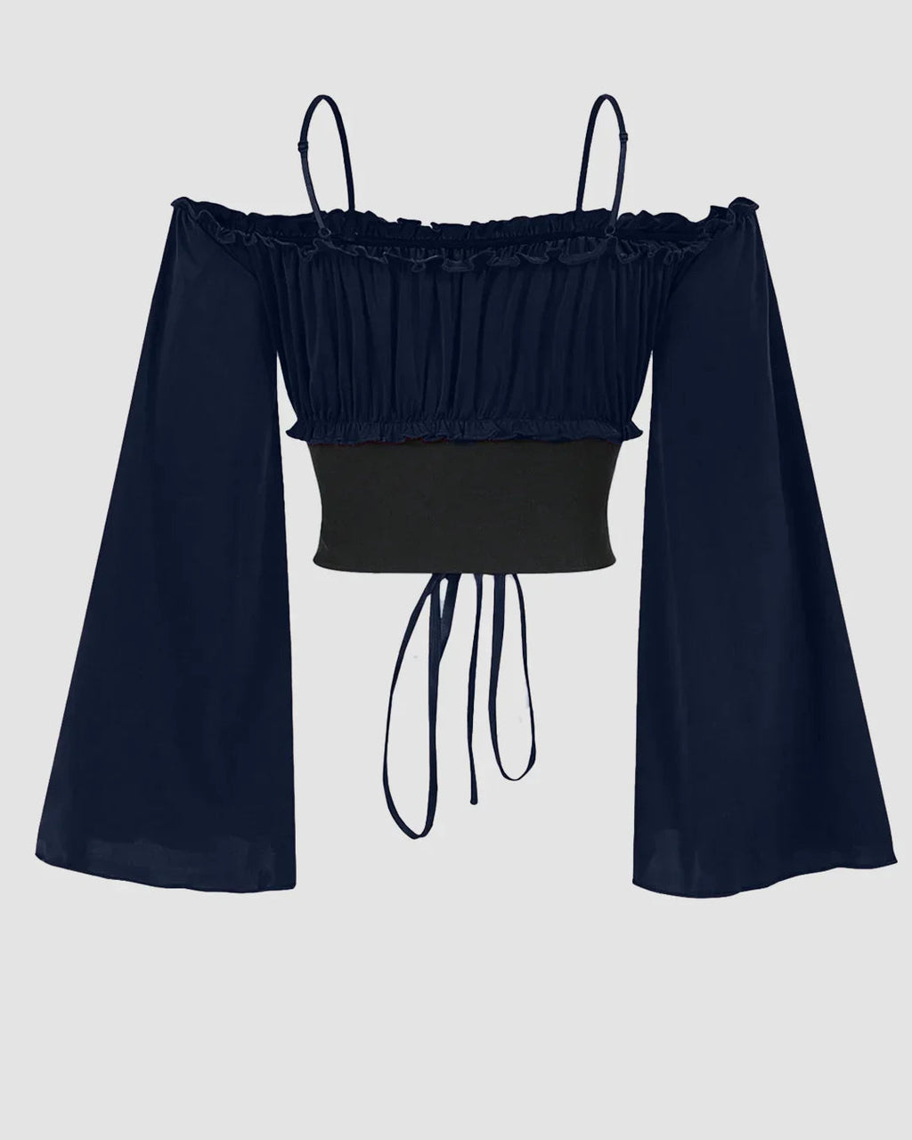 Off-Shoulder Slim Fit Solid Bell Sleeve Crop Top in Navy Blue