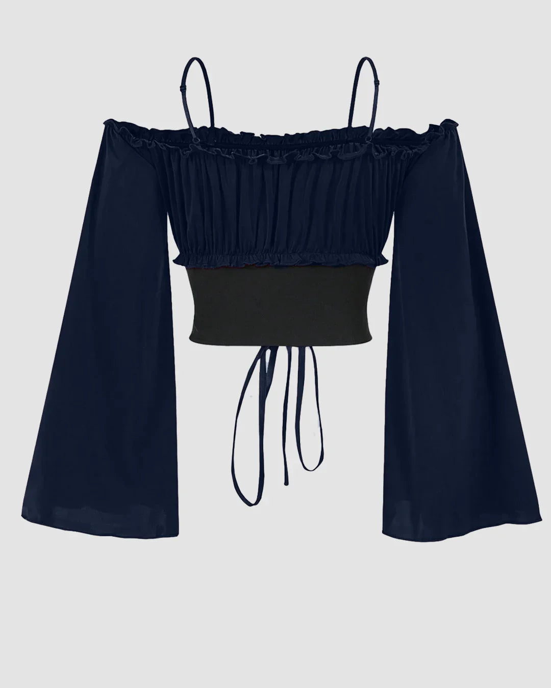 Off-Shoulder Slim Fit Solid Bell Sleeve Crop Top in Navy Blue