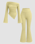 Ruched Long Sleeve Fitted Knit Top and Flare Pants Two Piece Set in French Vanilla