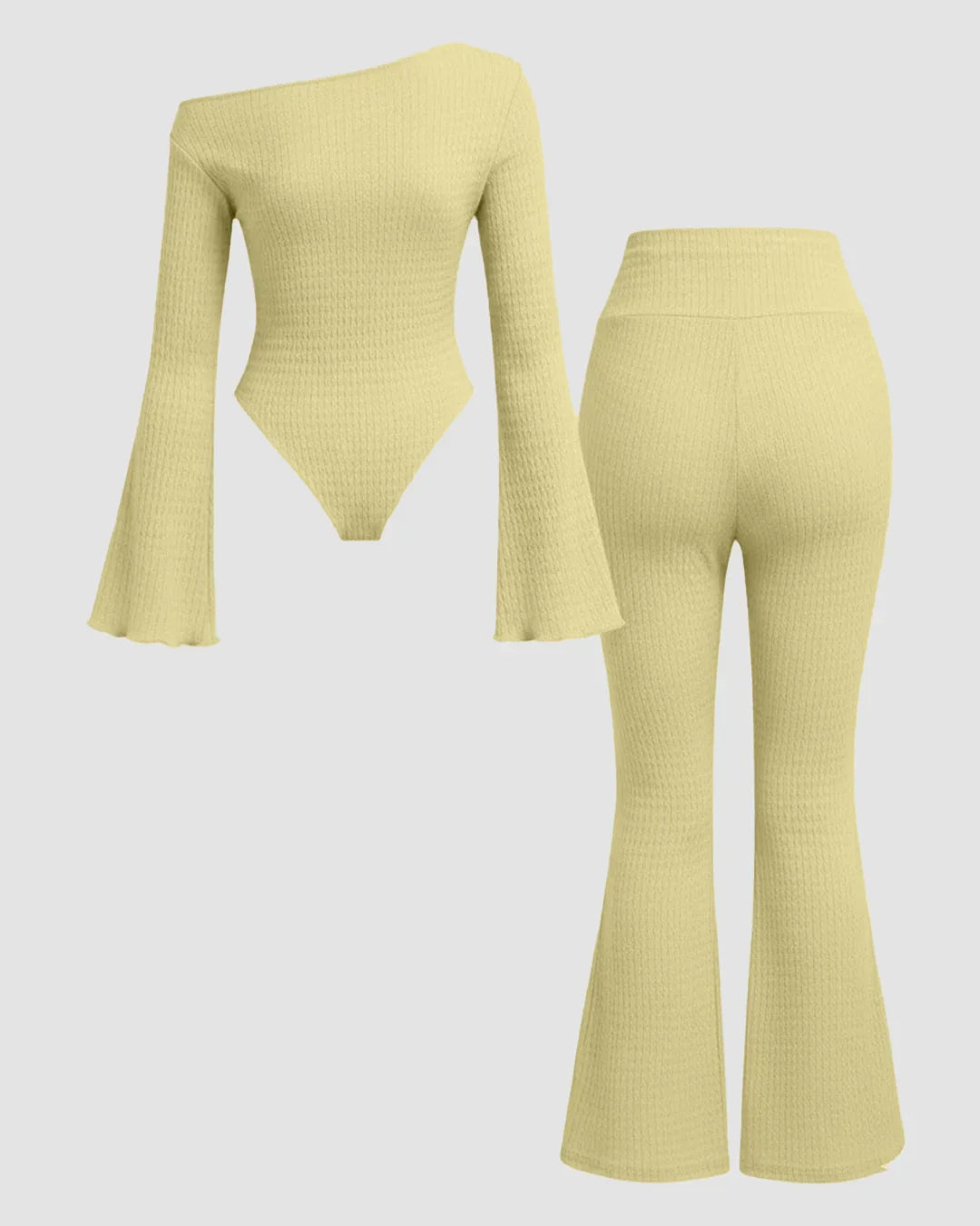 Ruched Long Sleeve Fitted Knit Top and Flare Pants Two Piece Set in French Vanilla