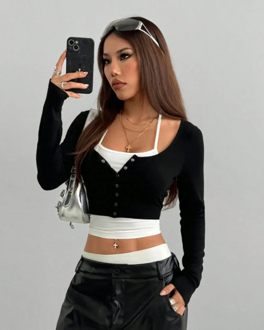 Off-Shoulder Ruched Crop Top with Layered Camisole Two-In-One Top in Black