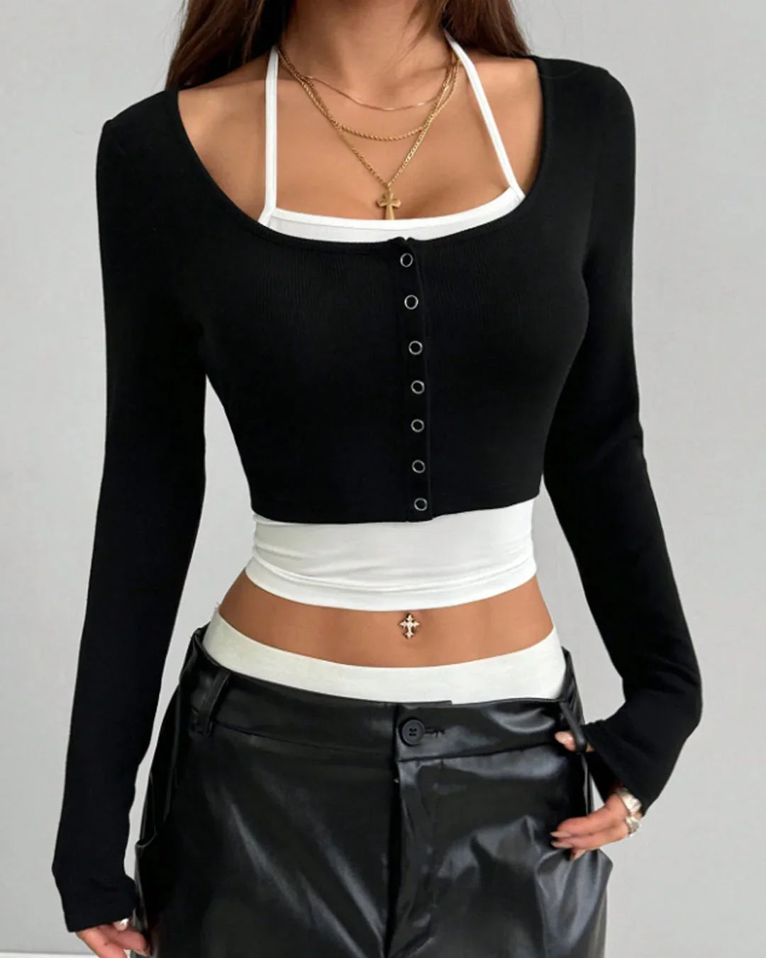 Off-Shoulder Ruched Crop Top with Layered Camisole Two-In-One Top in Black