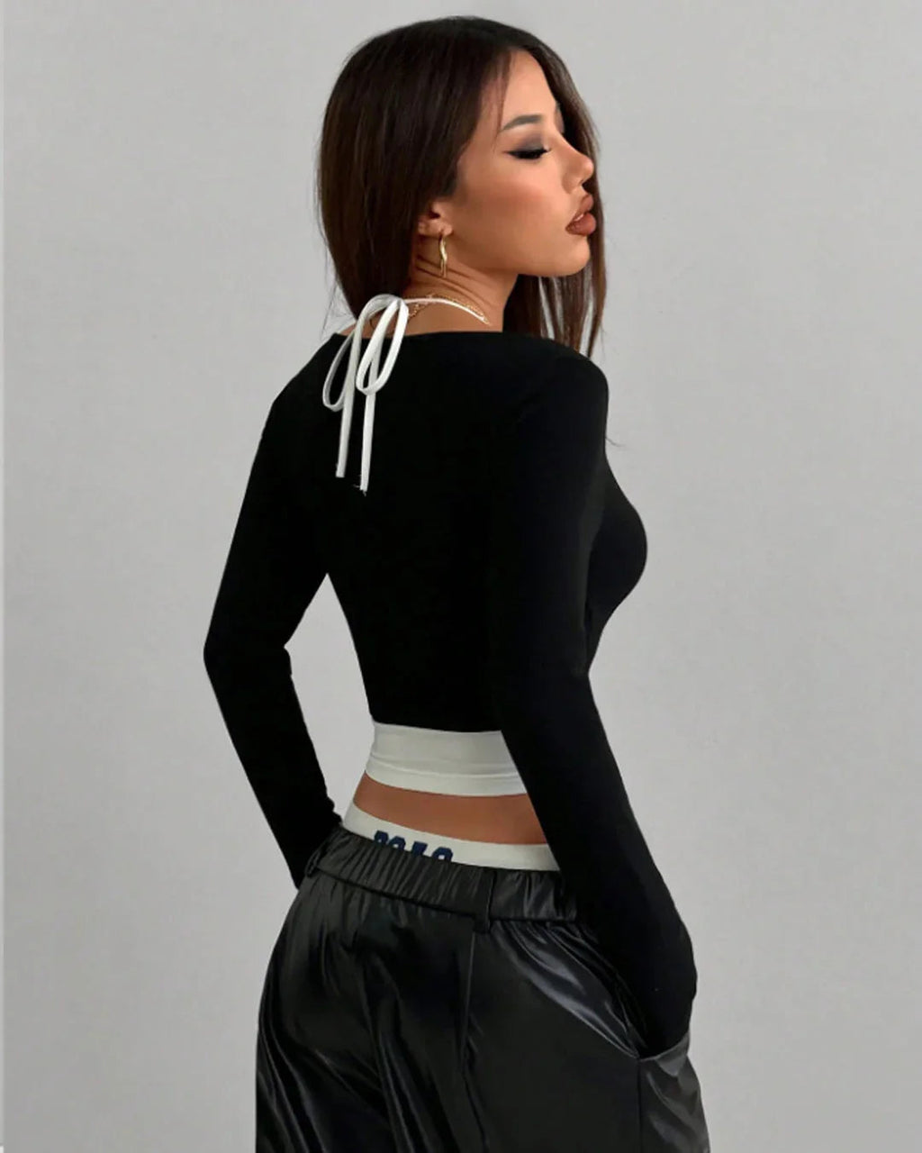 Off-Shoulder Ruched Crop Top with Layered Camisole Two-In-One Top in Black