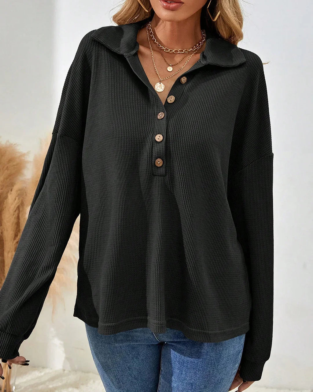 Collared Neck Straight Hem Solid Full Sleeve Top in Black
