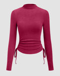 Thermal High Neck Drawstring Ruched Top in Ruby