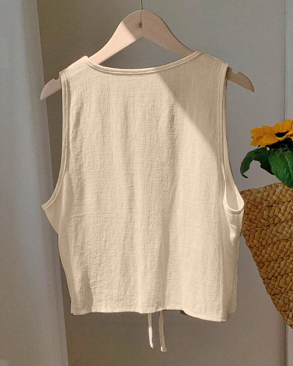 Casual Solid Tie-Front Sleeveless Top in Light Khaki