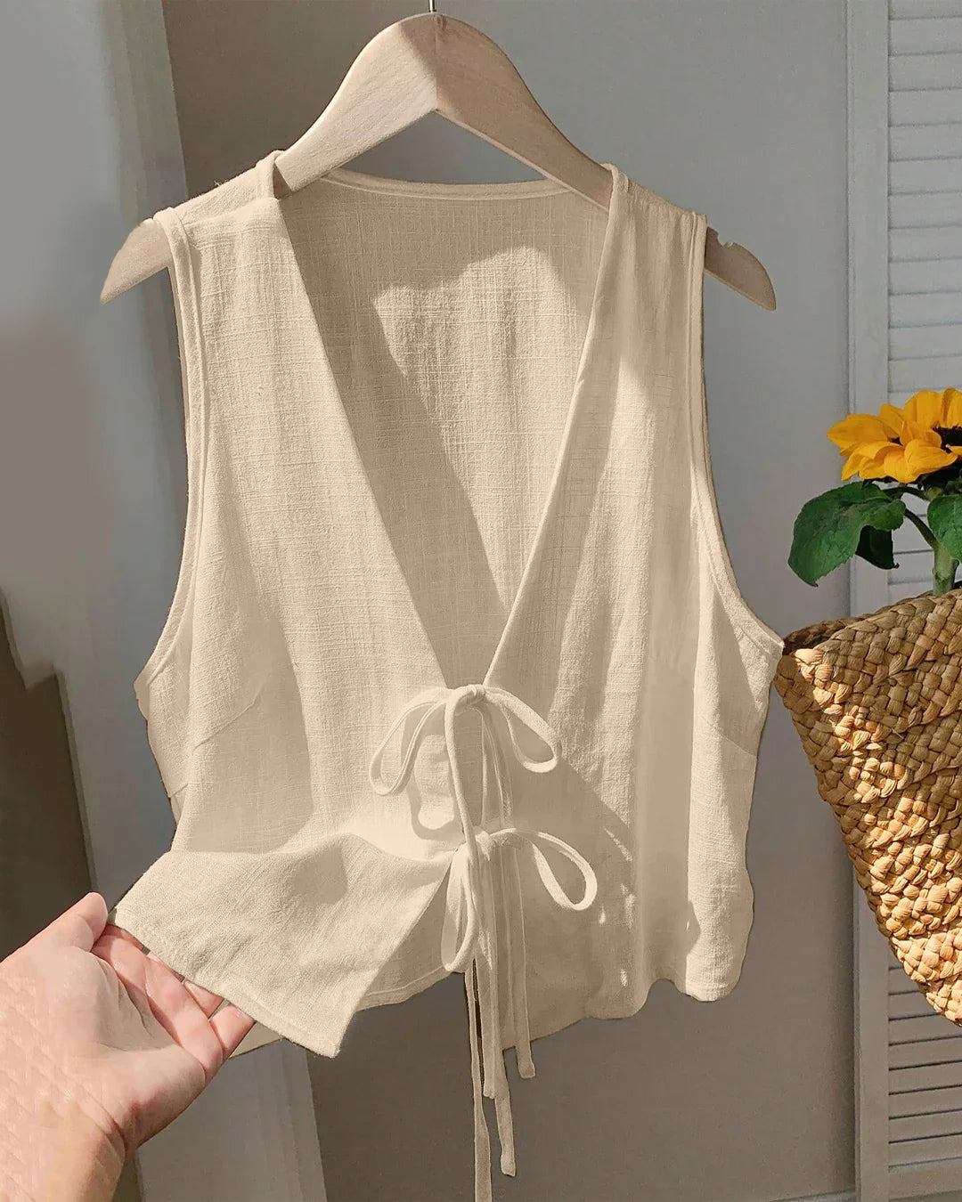 Casual Solid Tie-Front Sleeveless Top in Light Khaki