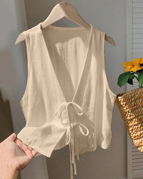 Casual Solid Tie-Front Sleeveless Top in Light Khaki