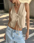 Casual Solid Tie-Front Sleeveless Top in Light Khaki