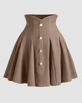 A-Line Fit Flared Hem Cinched Waist Pleated Skirt in Brown