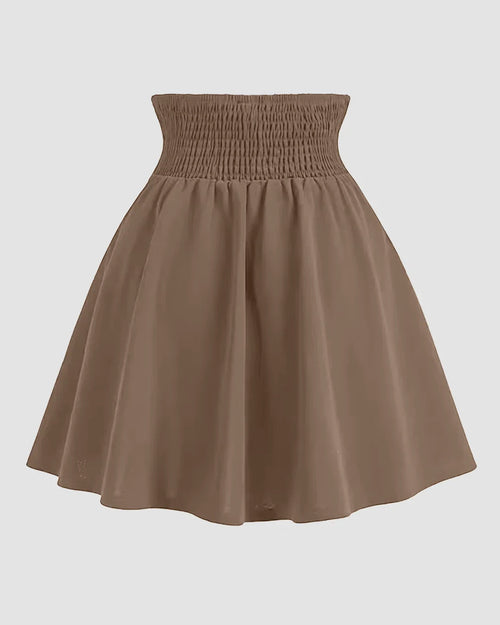 A-Line Fit Flared Hem Cinched Waist Pleated Skirt in Brown