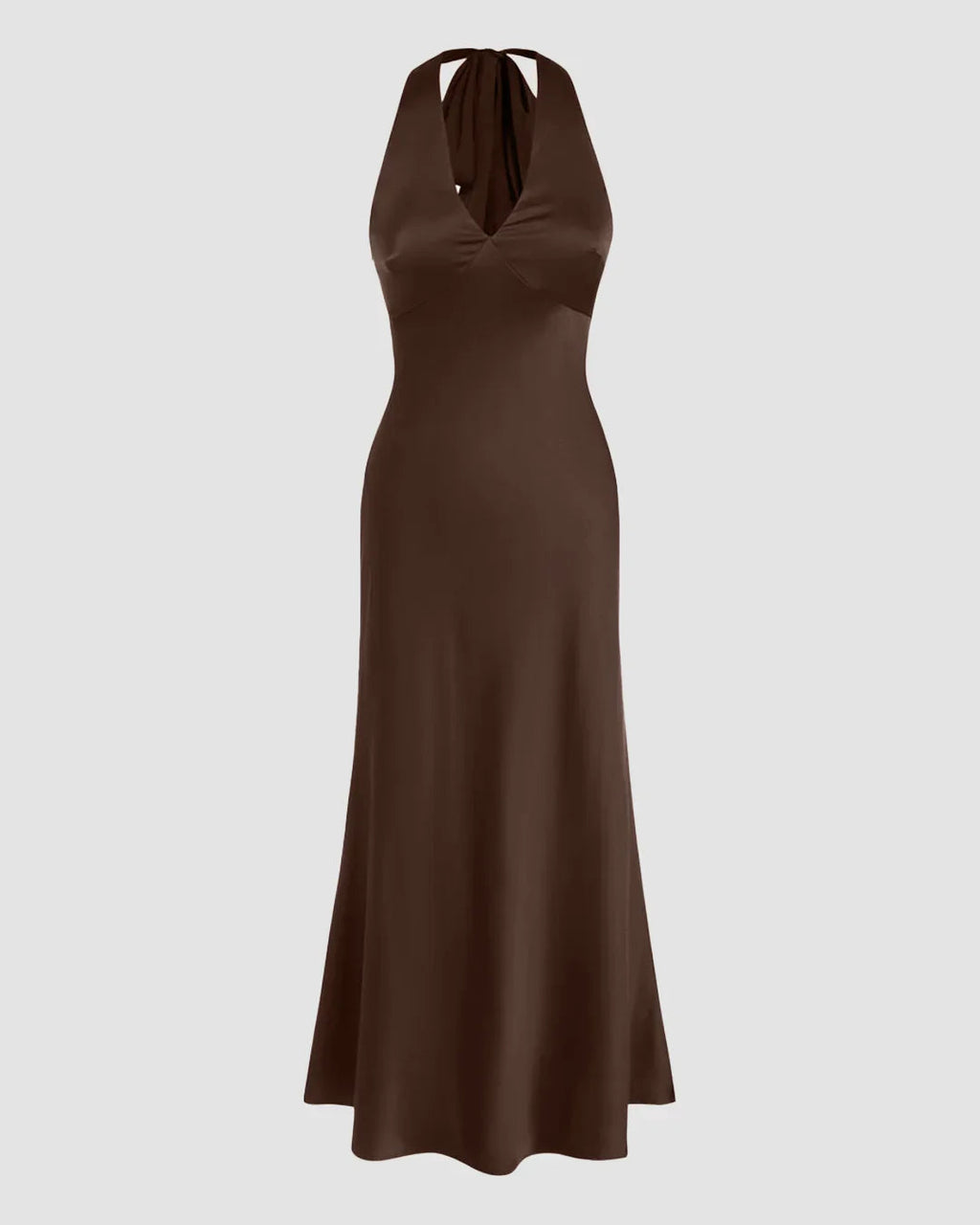 Satin V-neck Backless and Bowknot Mermaid Maxi Dress in Brown