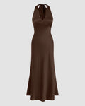 Satin V-neck Backless and Bowknot Mermaid Maxi Dress in Brown