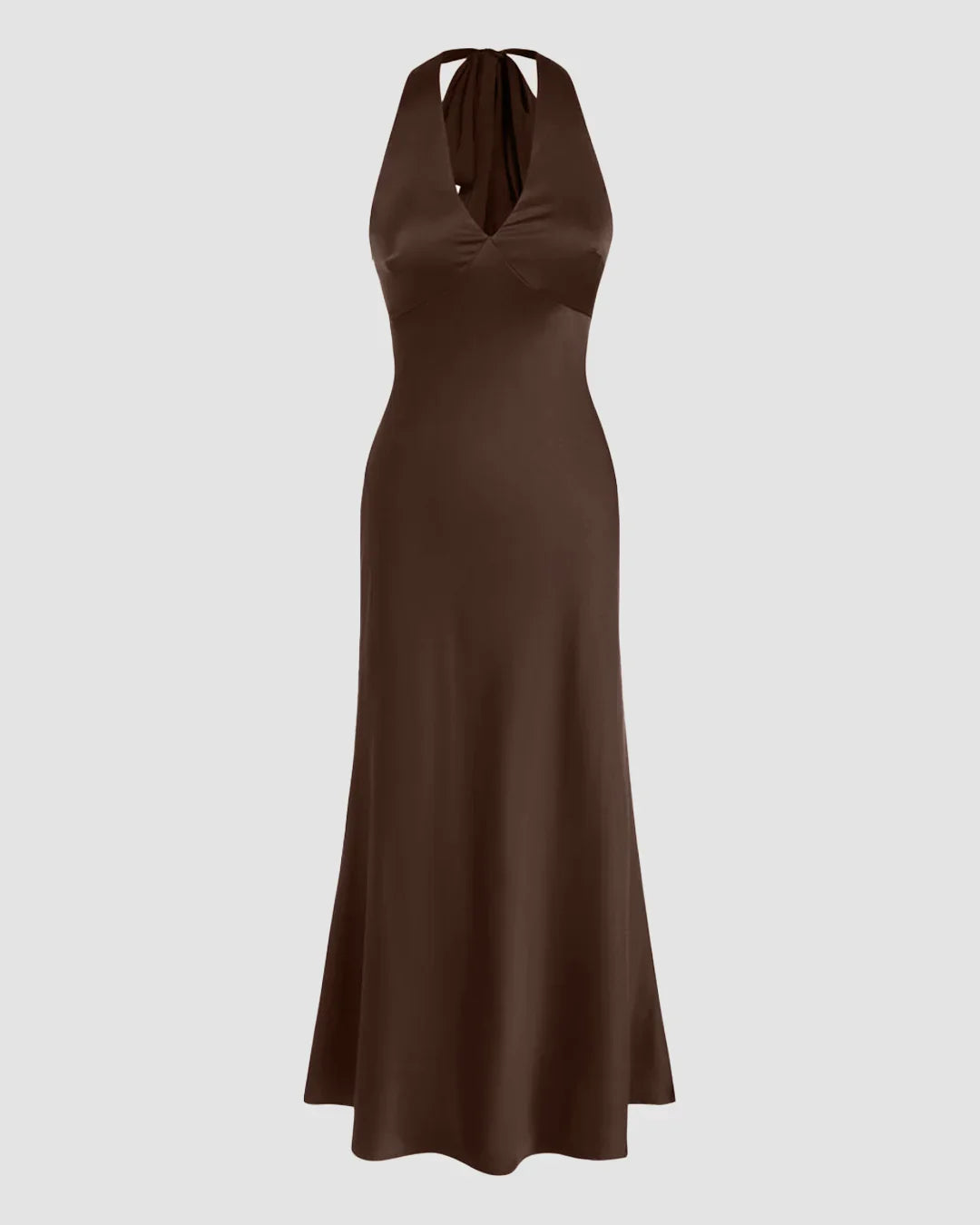 Satin V-neck Backless and Bowknot Mermaid Maxi Dress in Brown
