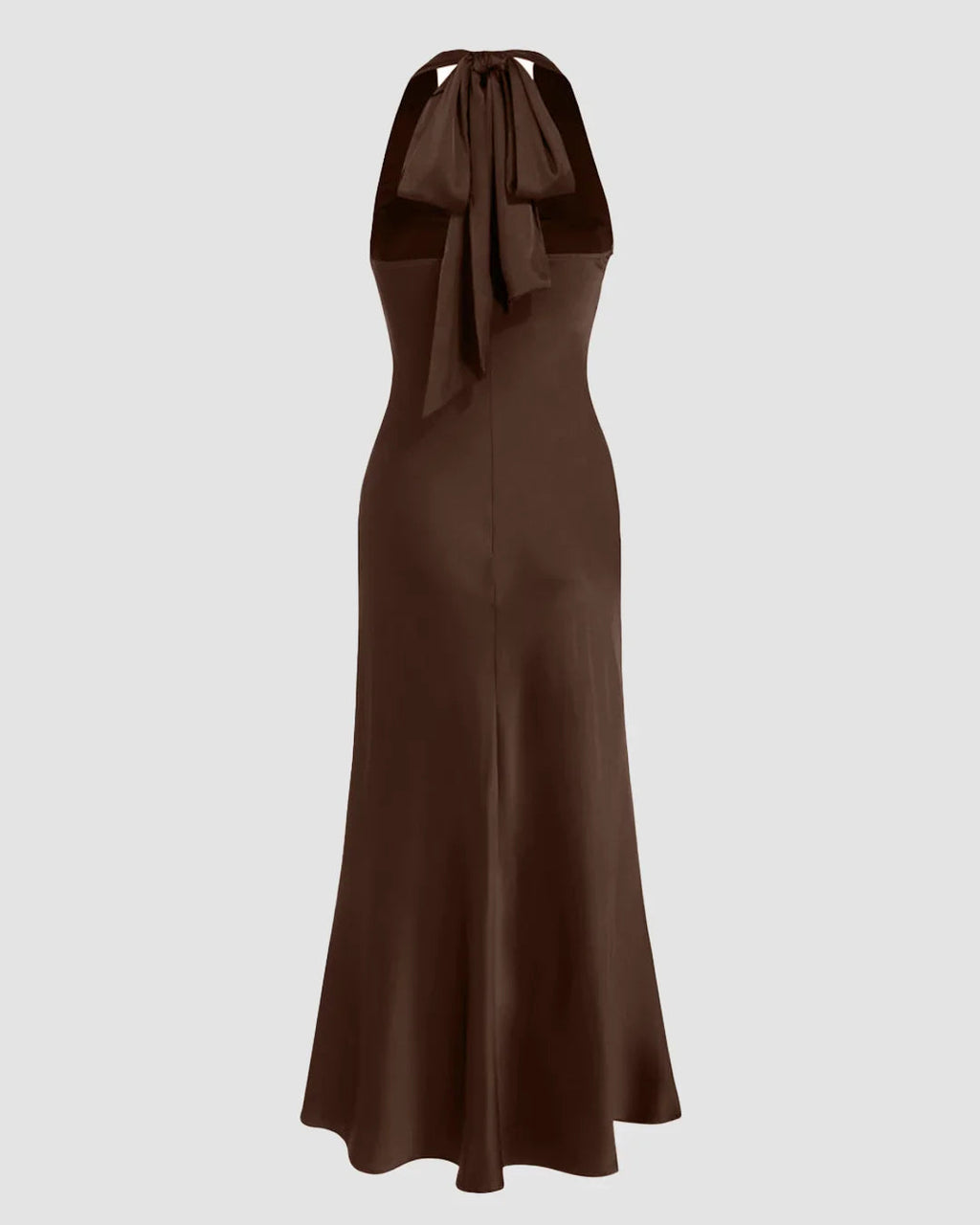 Satin V-neck Backless and Bowknot Mermaid Maxi Dress in Brown