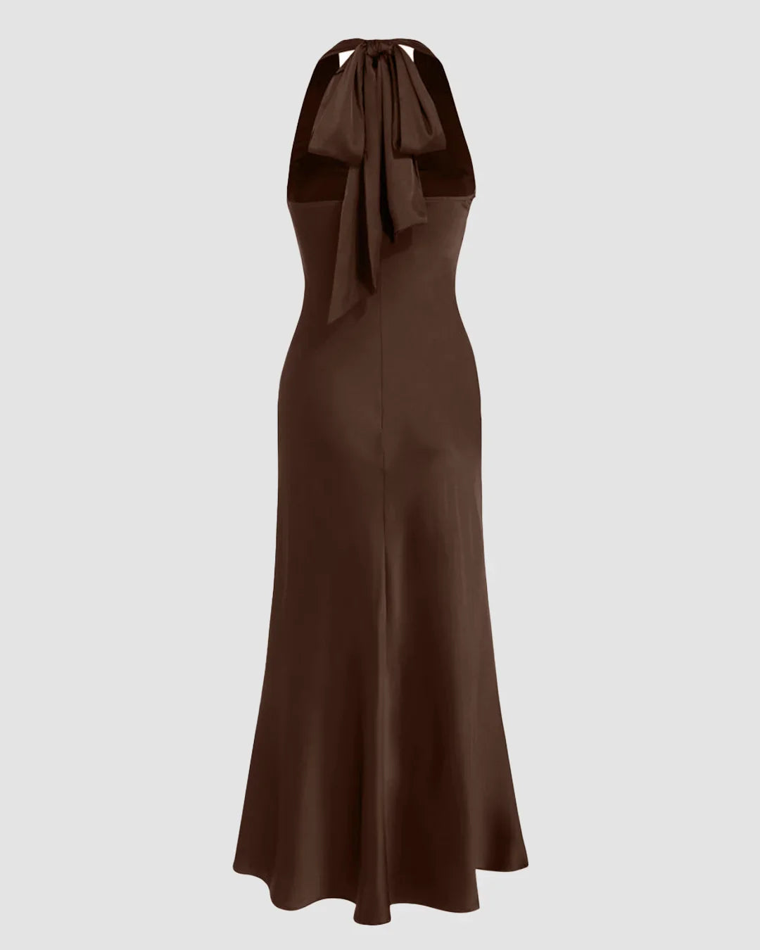 Satin V-neck Backless and Bowknot Mermaid Maxi Dress in Brown