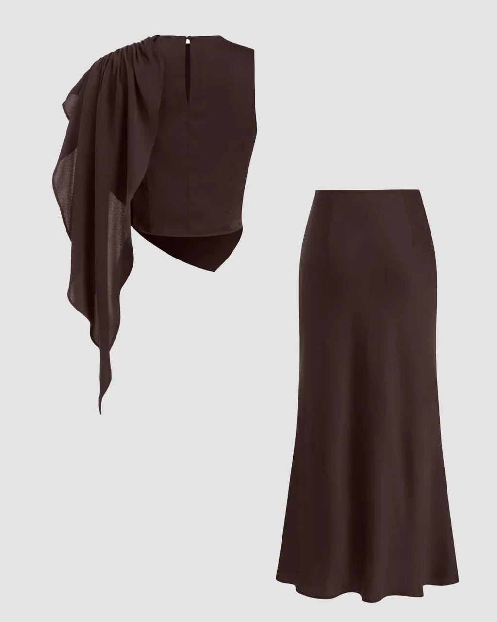 Satin Asymmetrical Ruched Cropped Top and Zipper Mermaid Maxi Skirt Set in Coffee