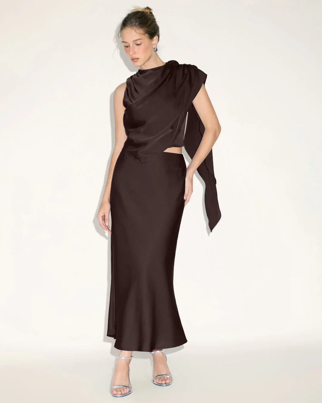 Satin Asymmetrical Ruched Cropped Top and Zipper Mermaid Maxi Skirt Set in Coffee