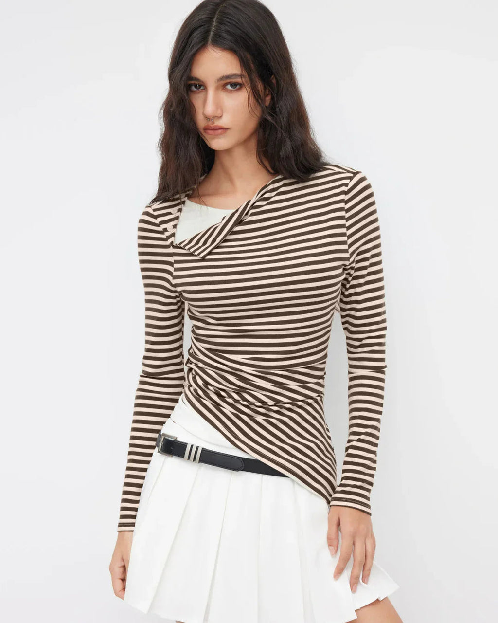 Stripe Asymmetrical Neckline Long Sleeve Ruched Top