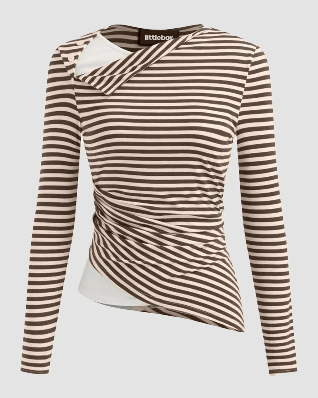 Stripe Asymmetrical Neckline Long Sleeve Ruched Top