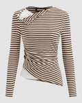 Stripe Asymmetrical Neckline Long Sleeve Ruched Top