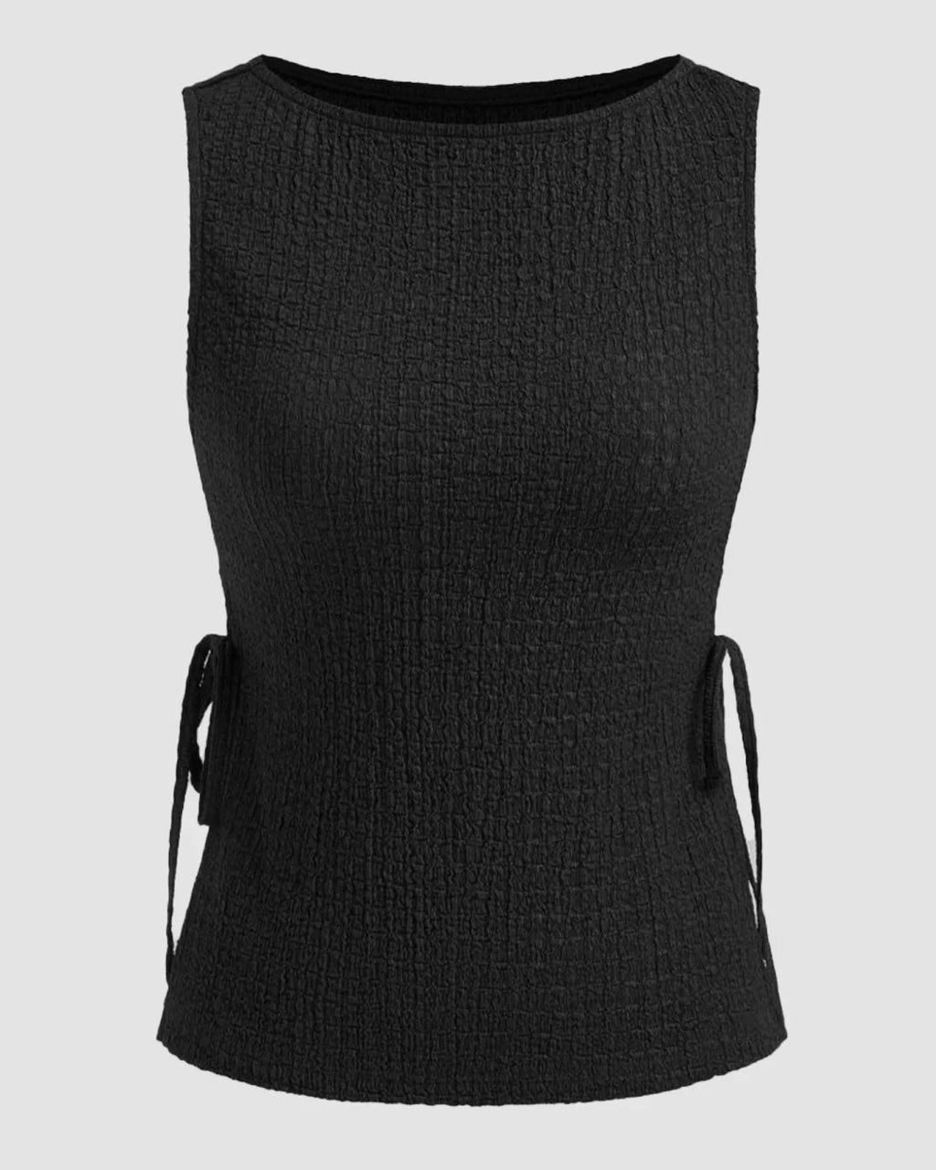 Boat Neck Texture Knotted Split Tank Top in Black
