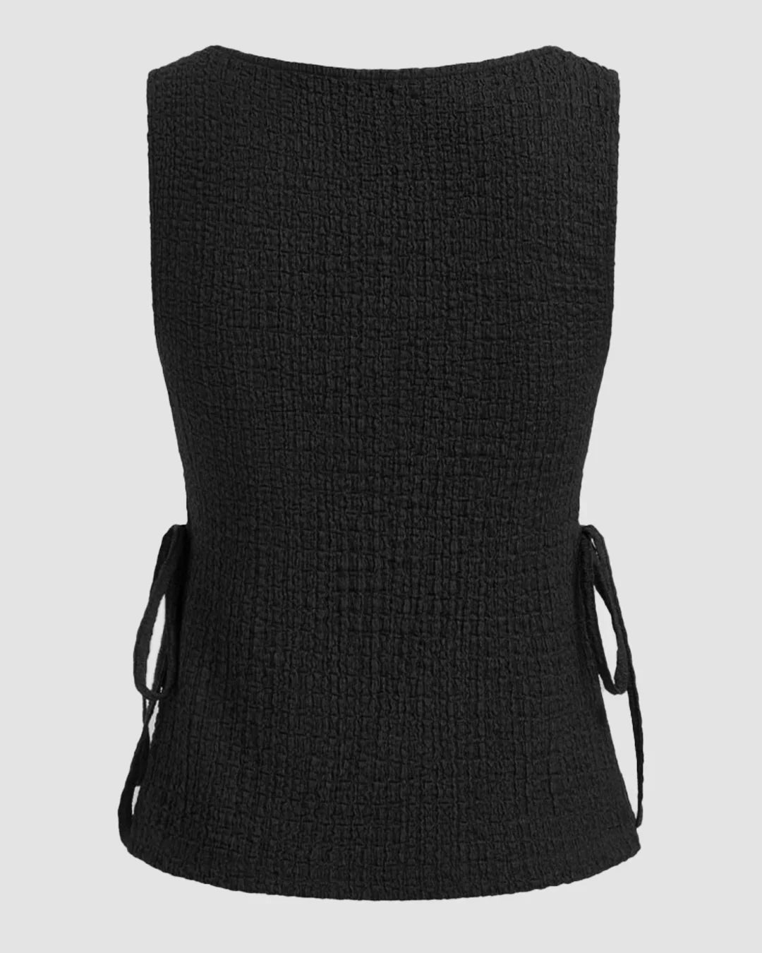 Boat Neck Texture Knotted Split Tank Top in Black