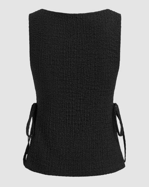 Boat Neck Texture Knotted Split Tank Top in Black