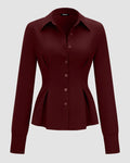 Solid Ruched Button Long-Sleeve Shirt in Dark Merlot