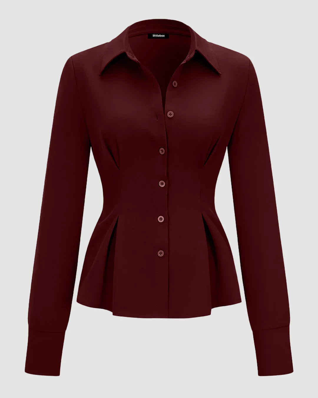 Solid Ruched Button Long-Sleeve Shirt in Dark Merlot