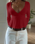 V-Neck Long Sleeve Knit Top in Red