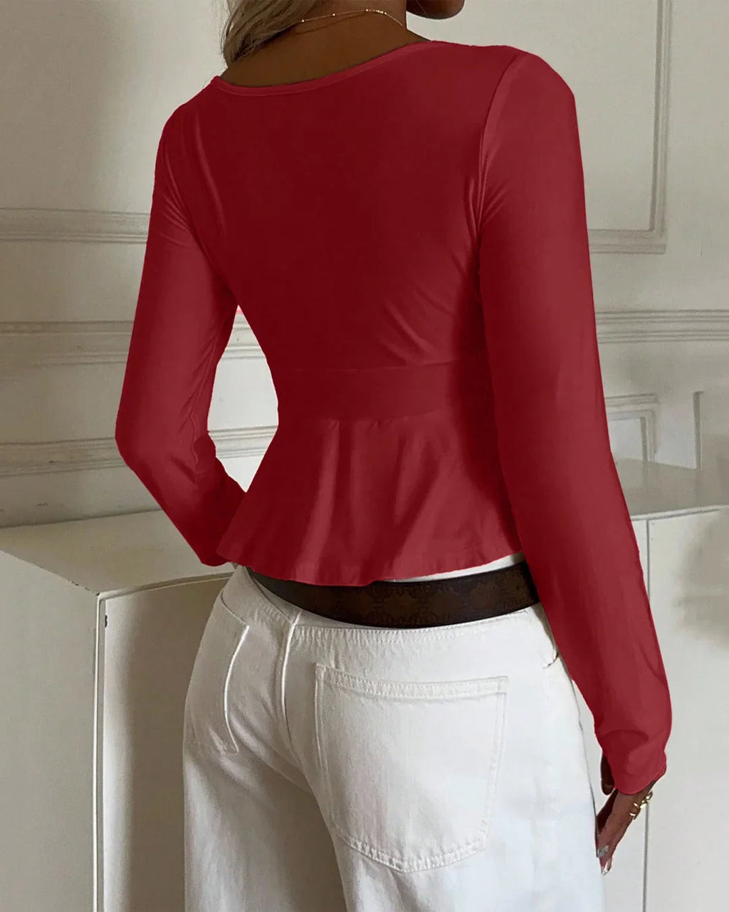 V-Neck Long Sleeve Knit Top in Red