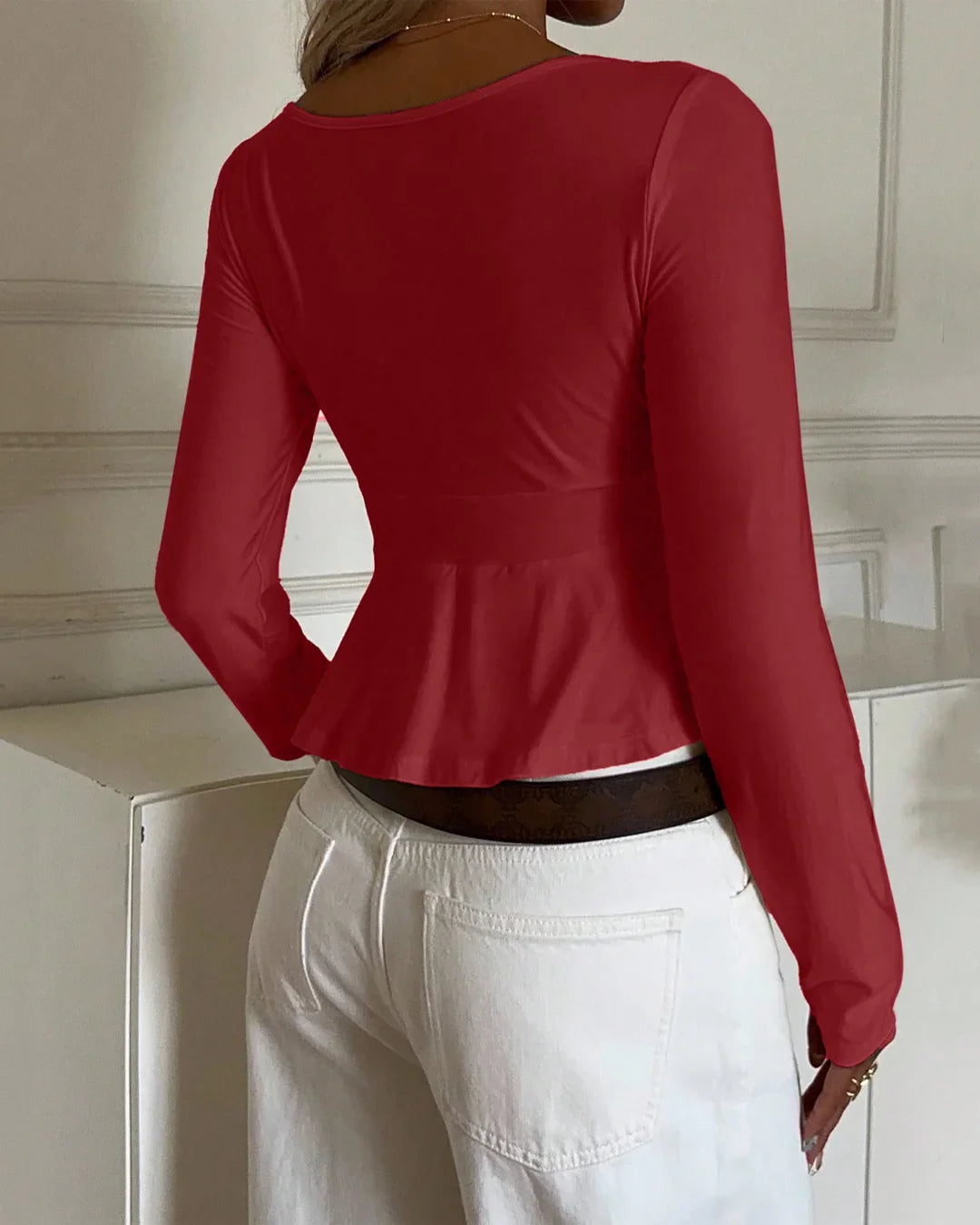 V-Neck Long Sleeve Knit Top in Red