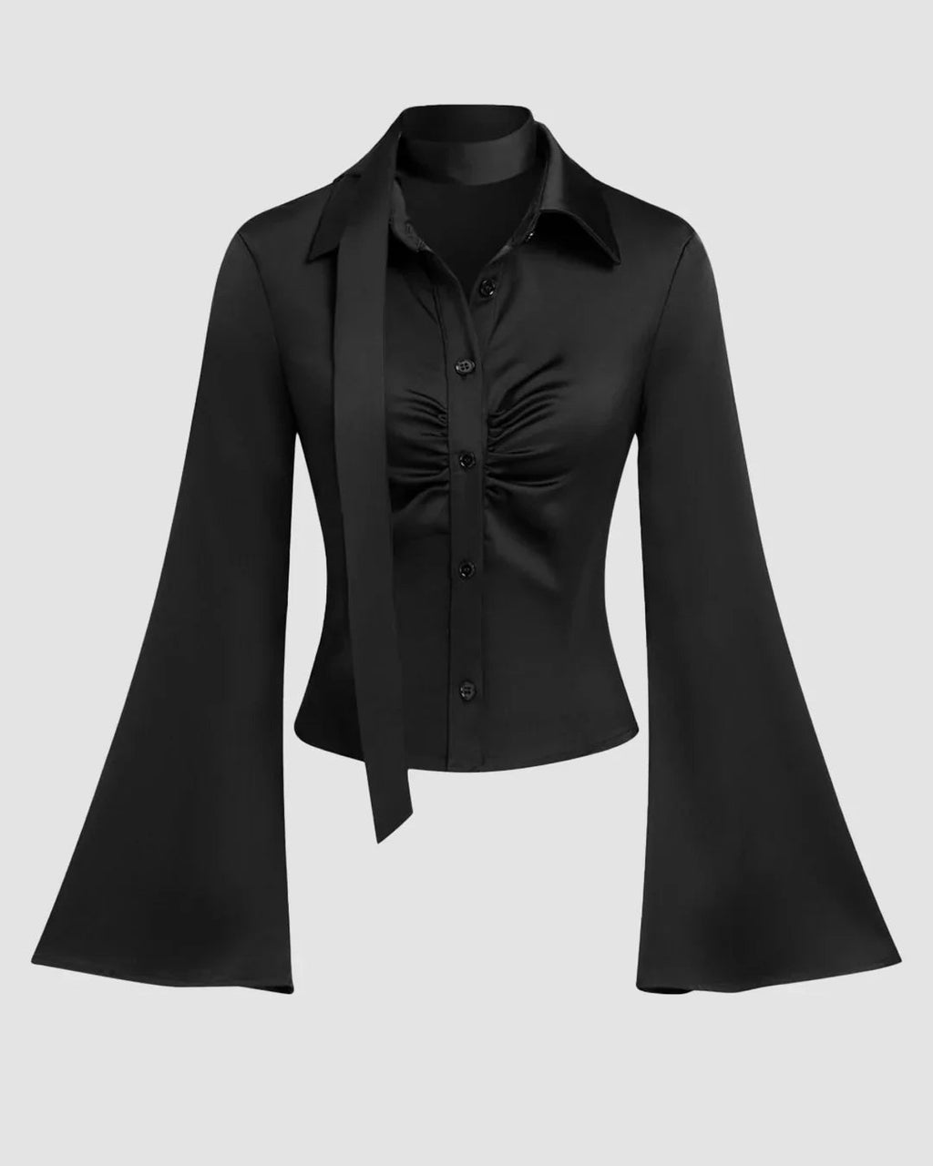 Satin Polo Ruched Bell Sleeve Top With Scarf in Black