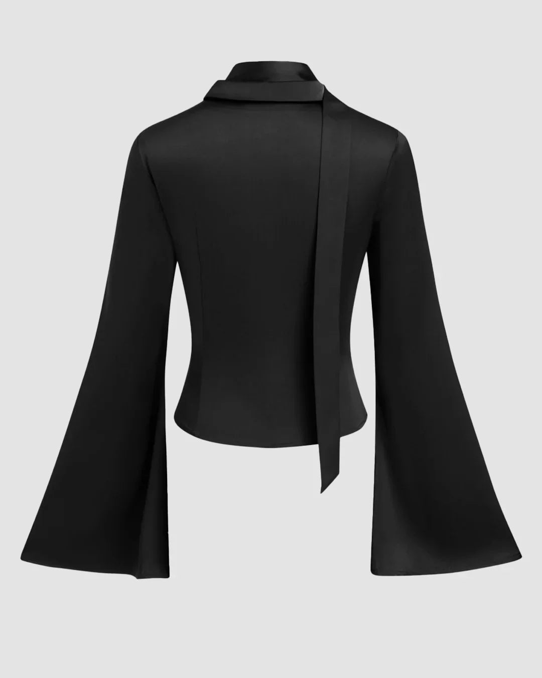 Satin Polo Ruched Bell Sleeve Top With Scarf in Black