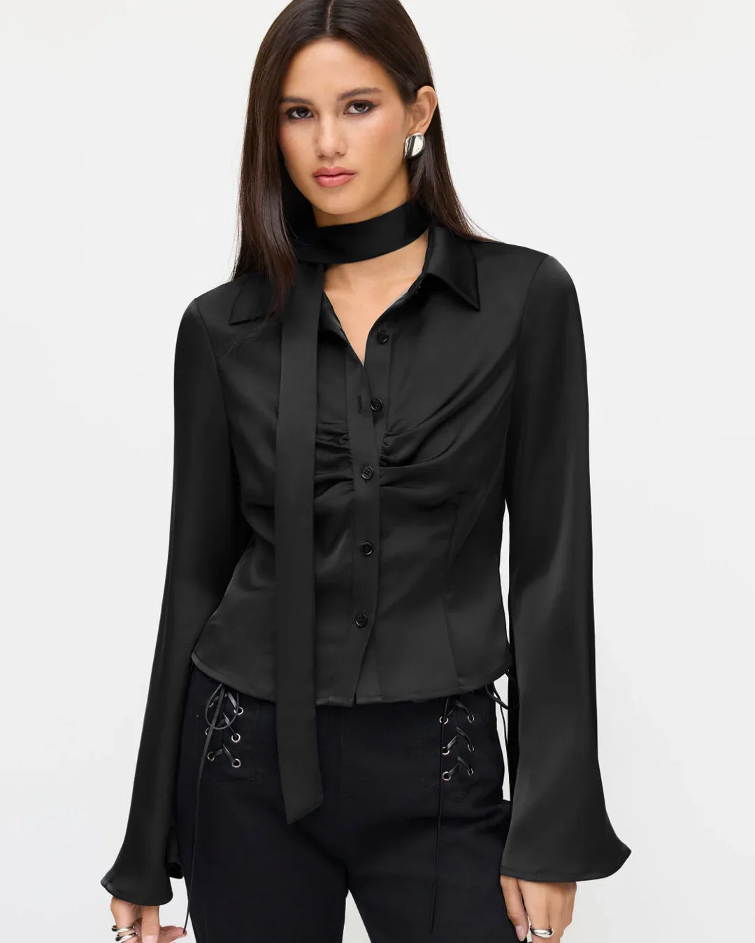 Satin Polo Ruched Bell Sleeve Top With Scarf in Black