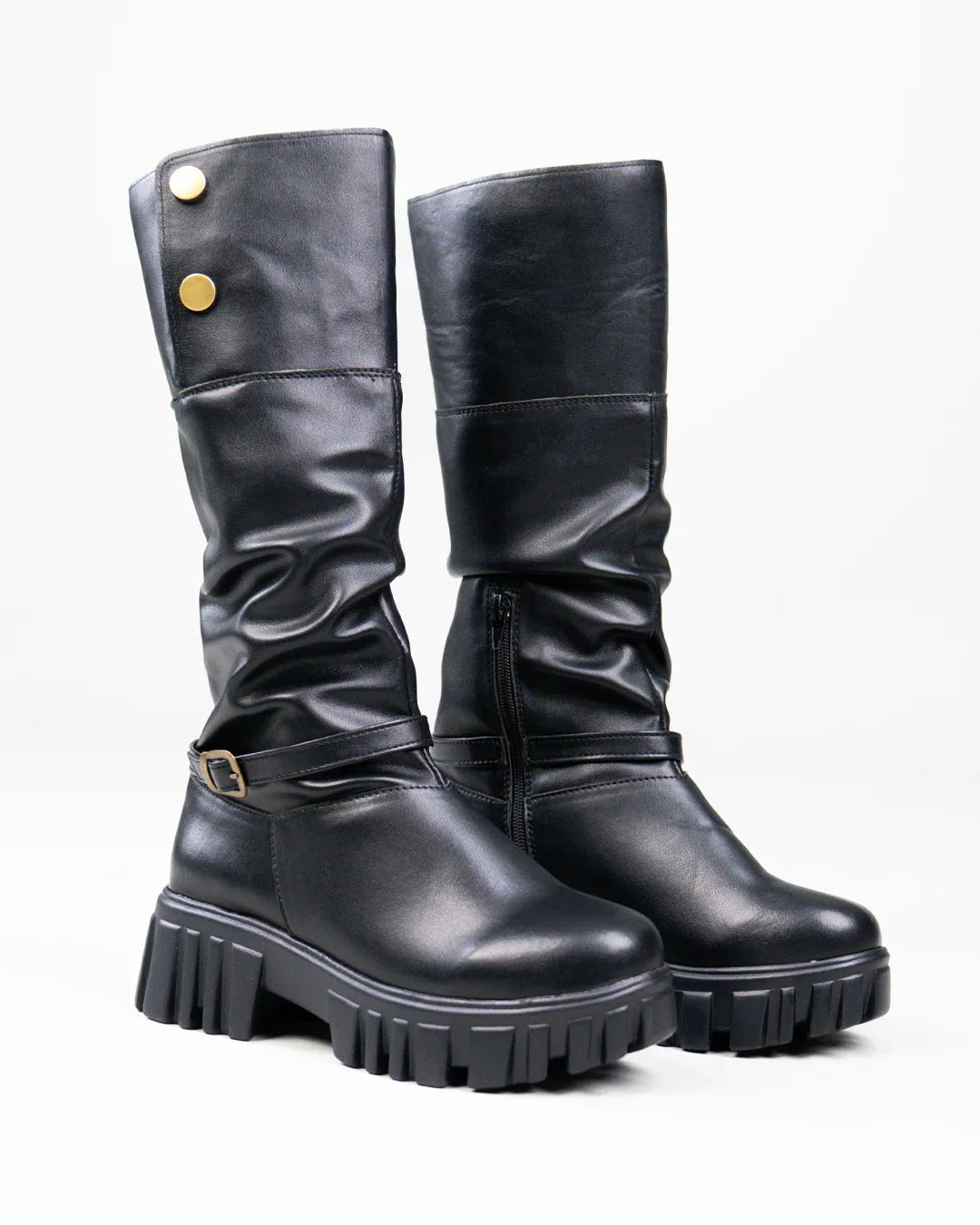 Chunky Platform Round Toe Knee High Boots in Black