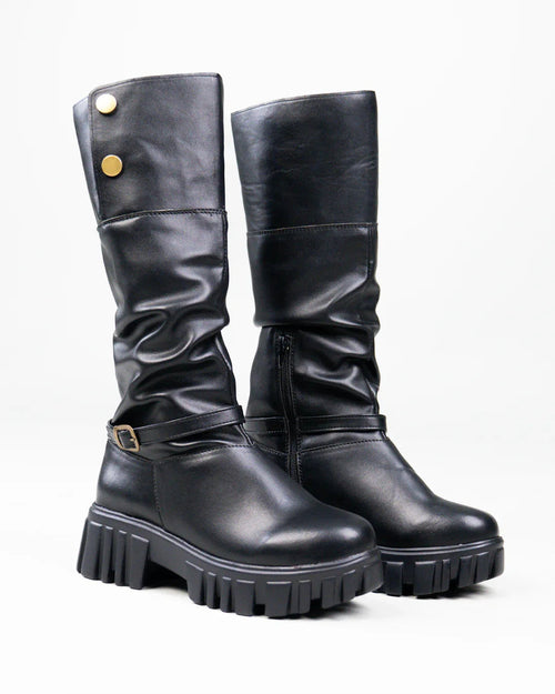 Chunky Platform Round Toe Knee High Boots in Black
