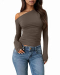Asymmetric Neck Slim Fit Straight Hem Solid Full Sleeve Crop Top in Brown