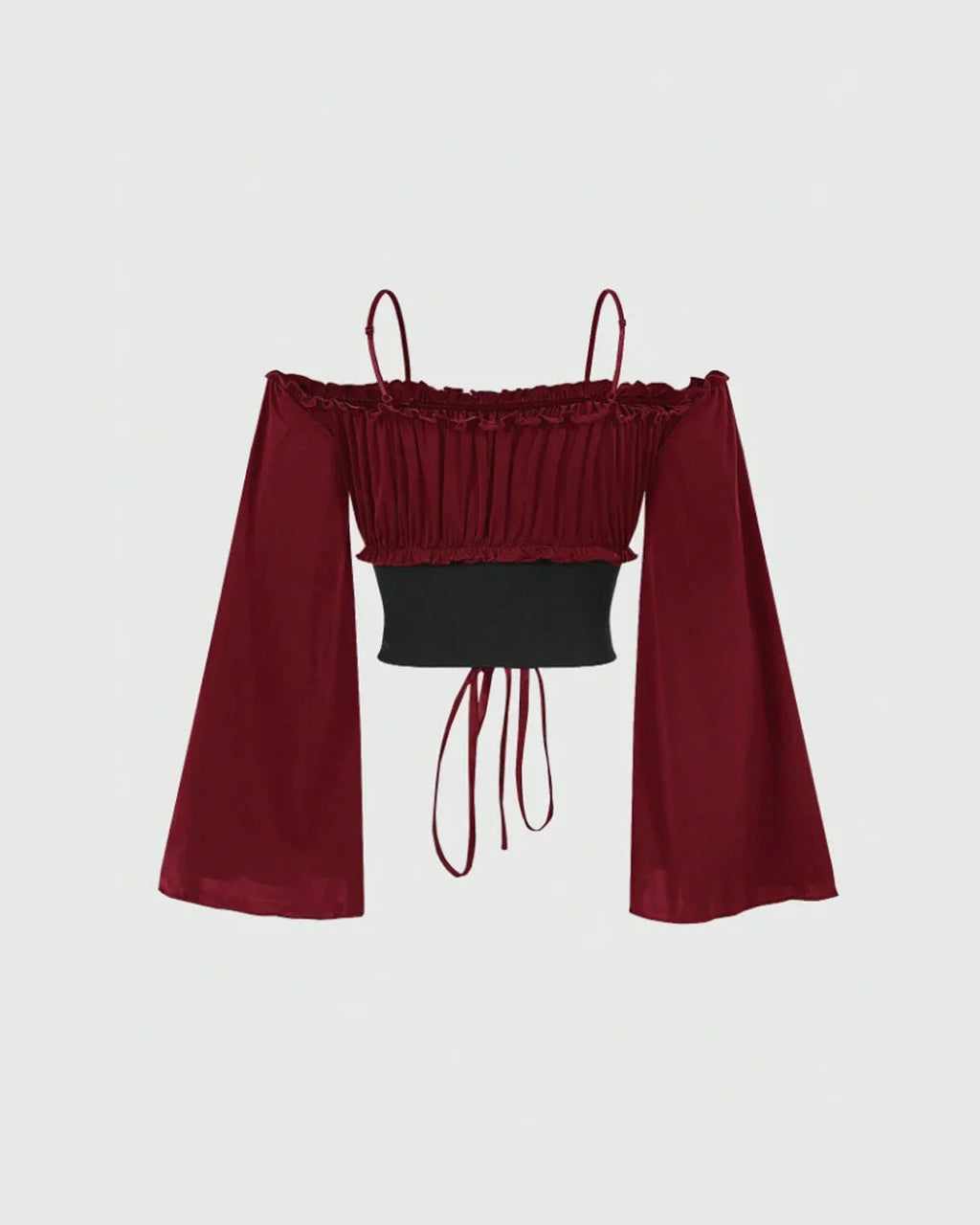 Off-Shoulder Slim Fit Solid Bell Sleeve Crop Top in Burgundy