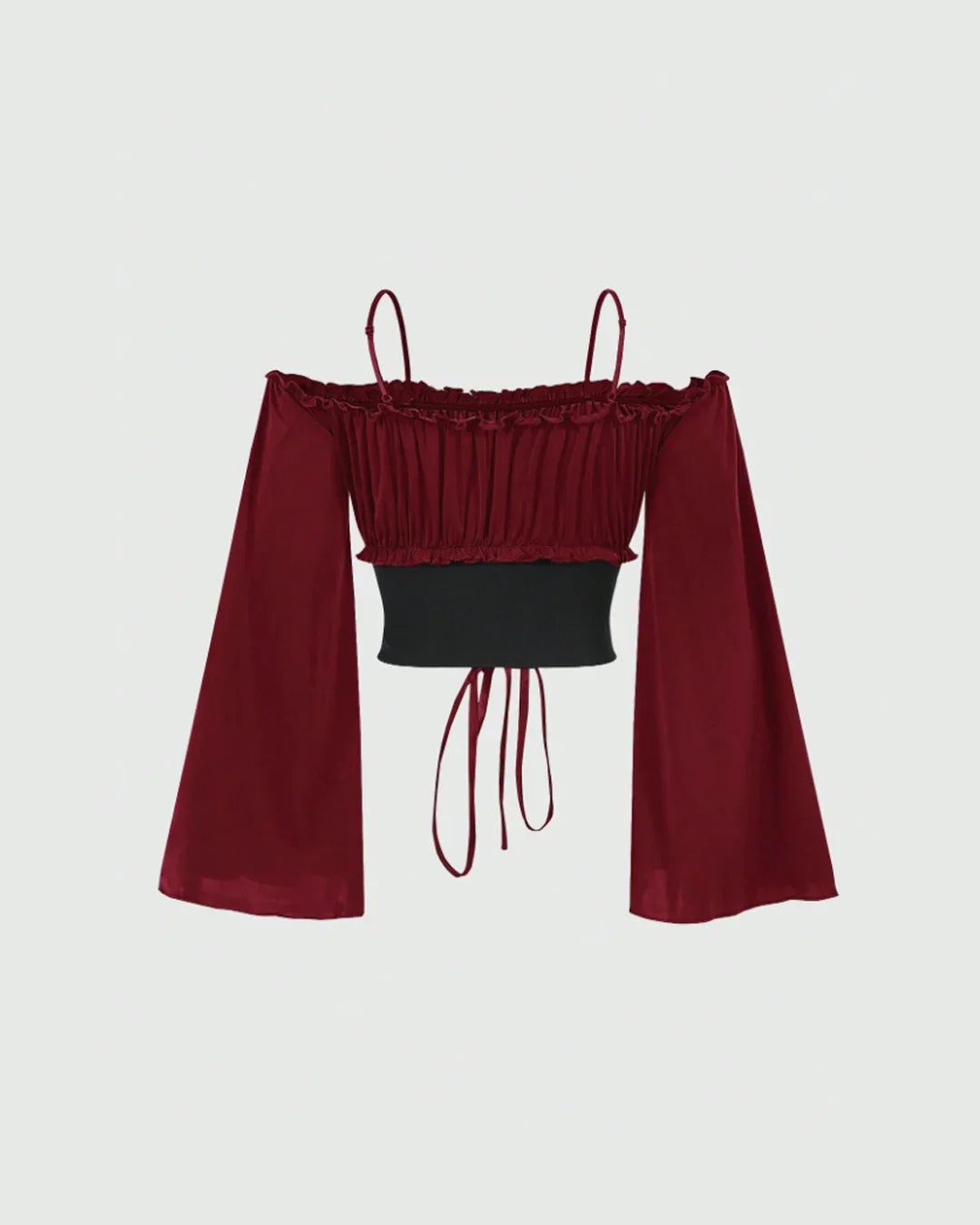 Off-Shoulder Slim Fit Solid Bell Sleeve Crop Top in Burgundy