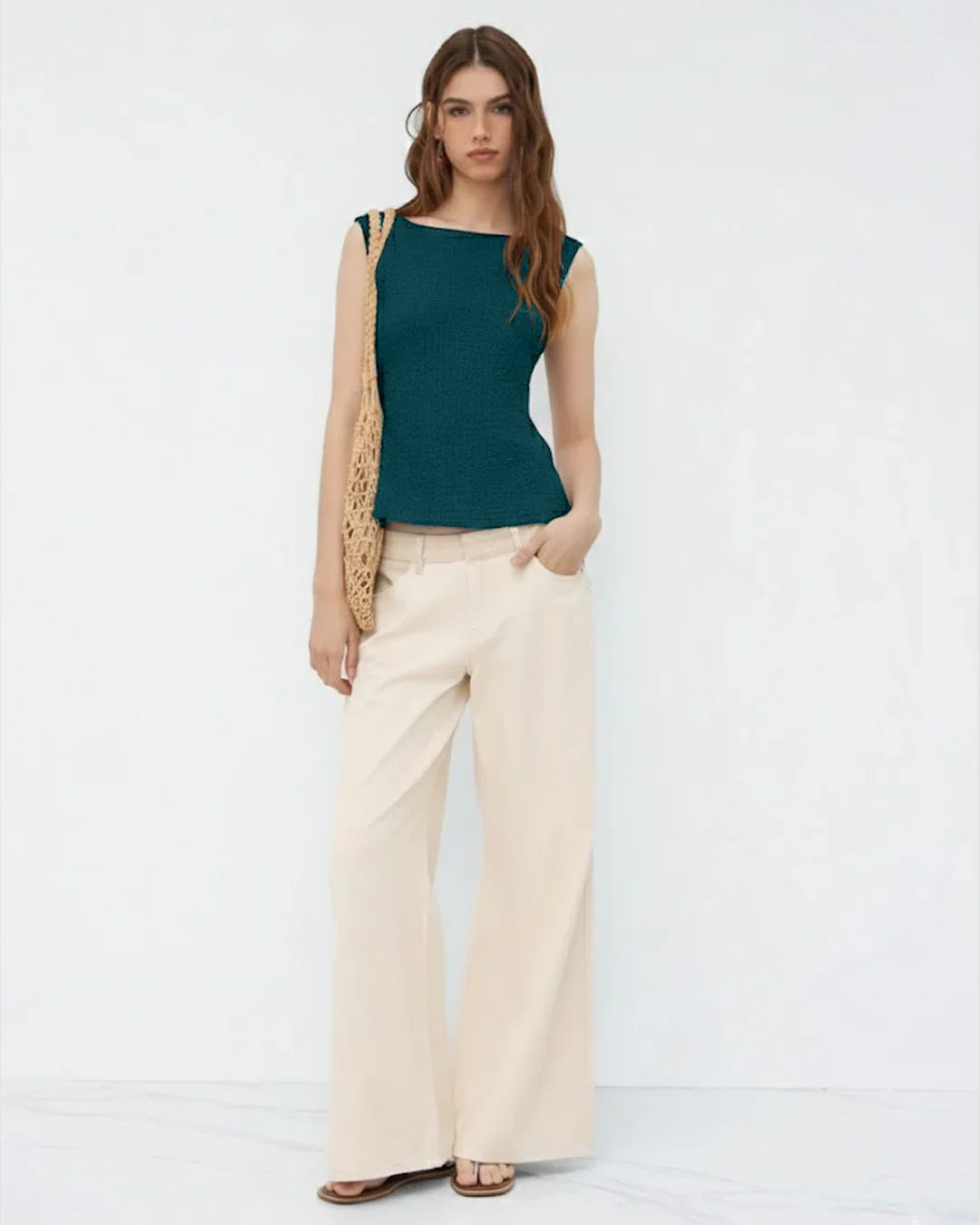 Boat Neck Texture Knotted Split Tank Top in Blue