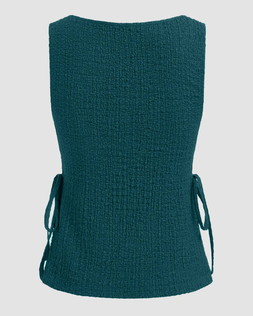 Boat Neck Texture Knotted Split Tank Top in Blue