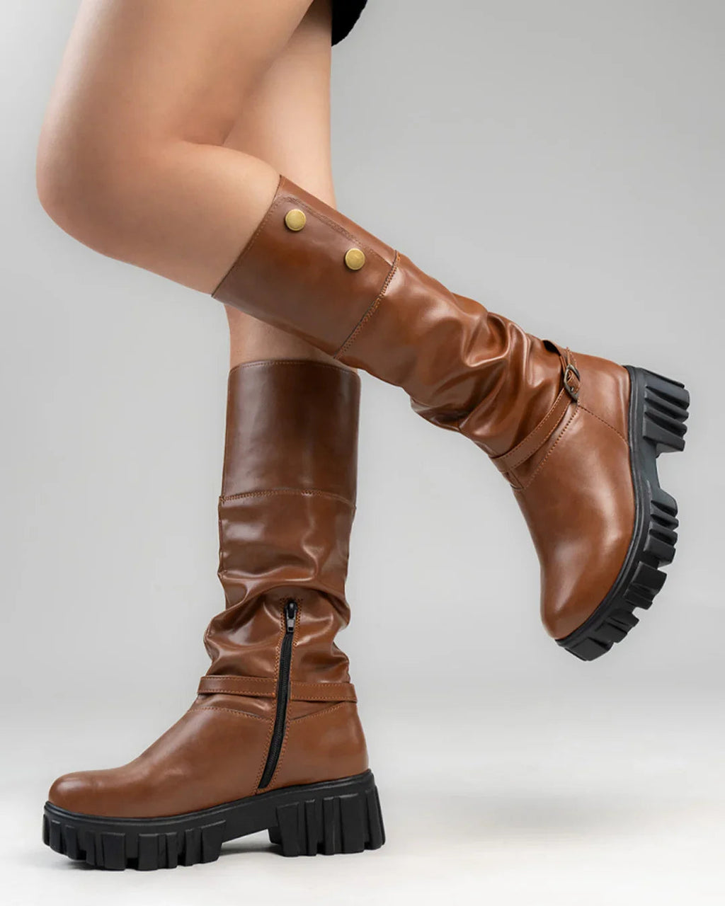 Chunky Fit Round Toe Buckle Knee High Boots in Brown